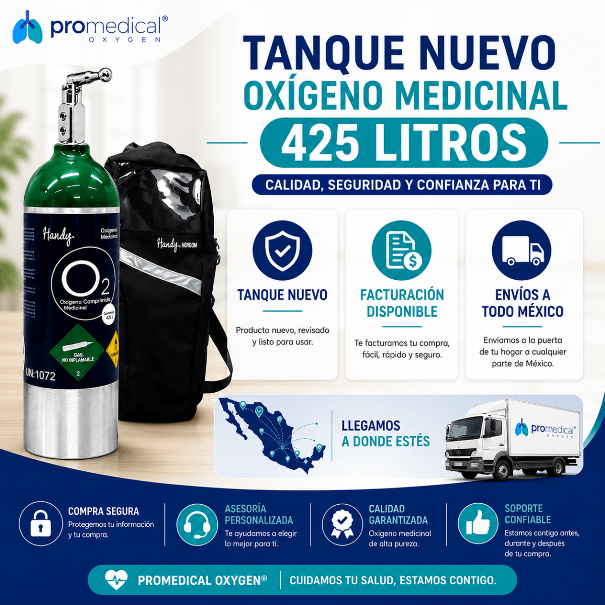 Tanque de Oxígeno Portátil 425 Litros con Regulador y Mochila | Oxígeno Medicinal - Pro Medical Oxygen