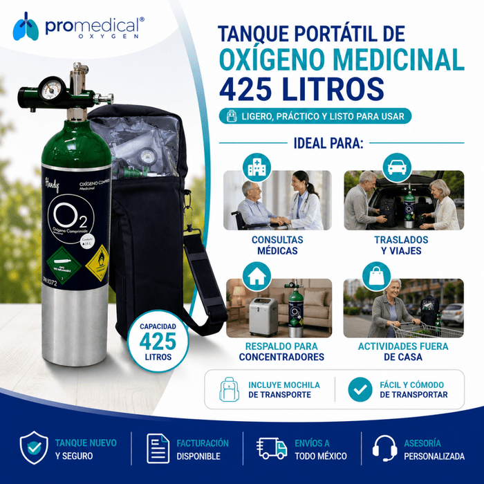 Tanque de Oxígeno Portátil 425 Litros con Regulador y Mochila | Oxígeno Medicinal - Pro Medical Oxygen
