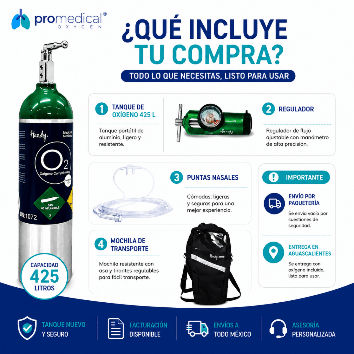 Tanque de Oxígeno Portátil 425 Litros con Regulador y Mochila | Oxígeno Medicinal - Pro Medical Oxygen