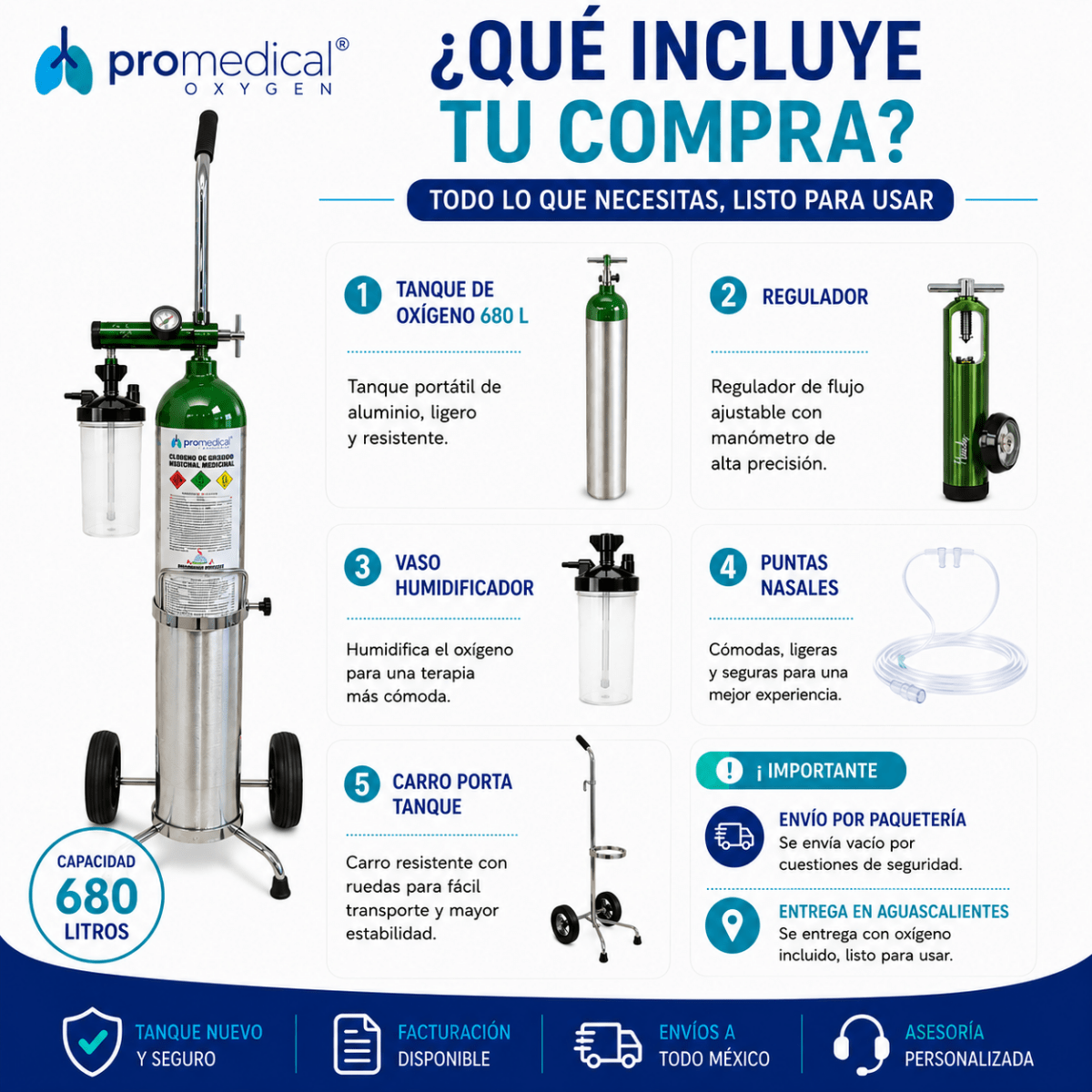 Tanque de Oxígeno Portátil 680 Litros con Carro y Regulador | Oxígeno Medicinal - Pro Medical Oxygen